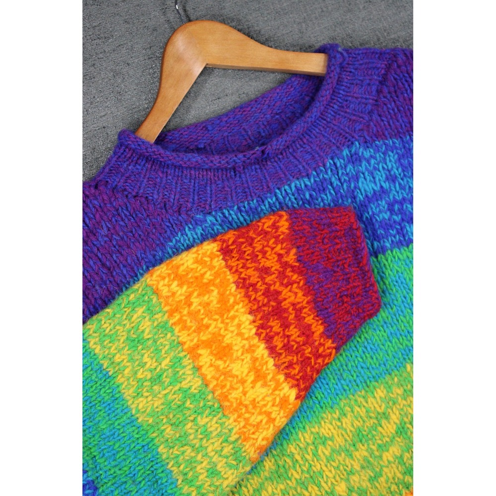 Vintage Rainbow Striped Wool Sweater Handmade Nepal Chunky Knit Pullover Large